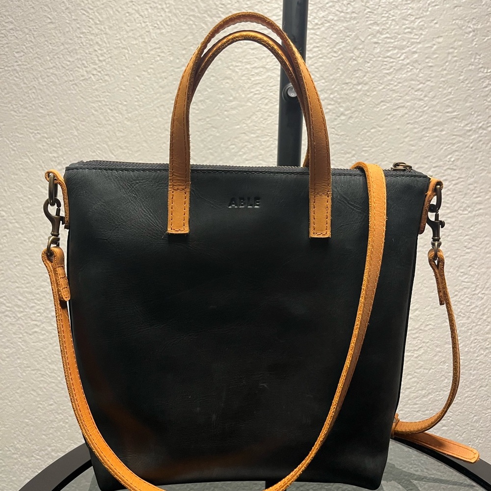 ABLE Black Leather Tote with Tan Leather Accents (crossbody)